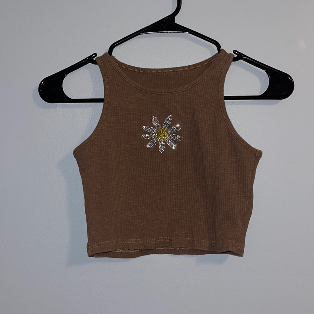 Brown cropped tank top with bedazzled daisy from forever21 NEVER WORN size small